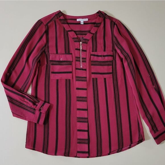 Notations Women's Red with Black Stripe Zip Front Long Sleeve Blouse - Picture 2 of 13
